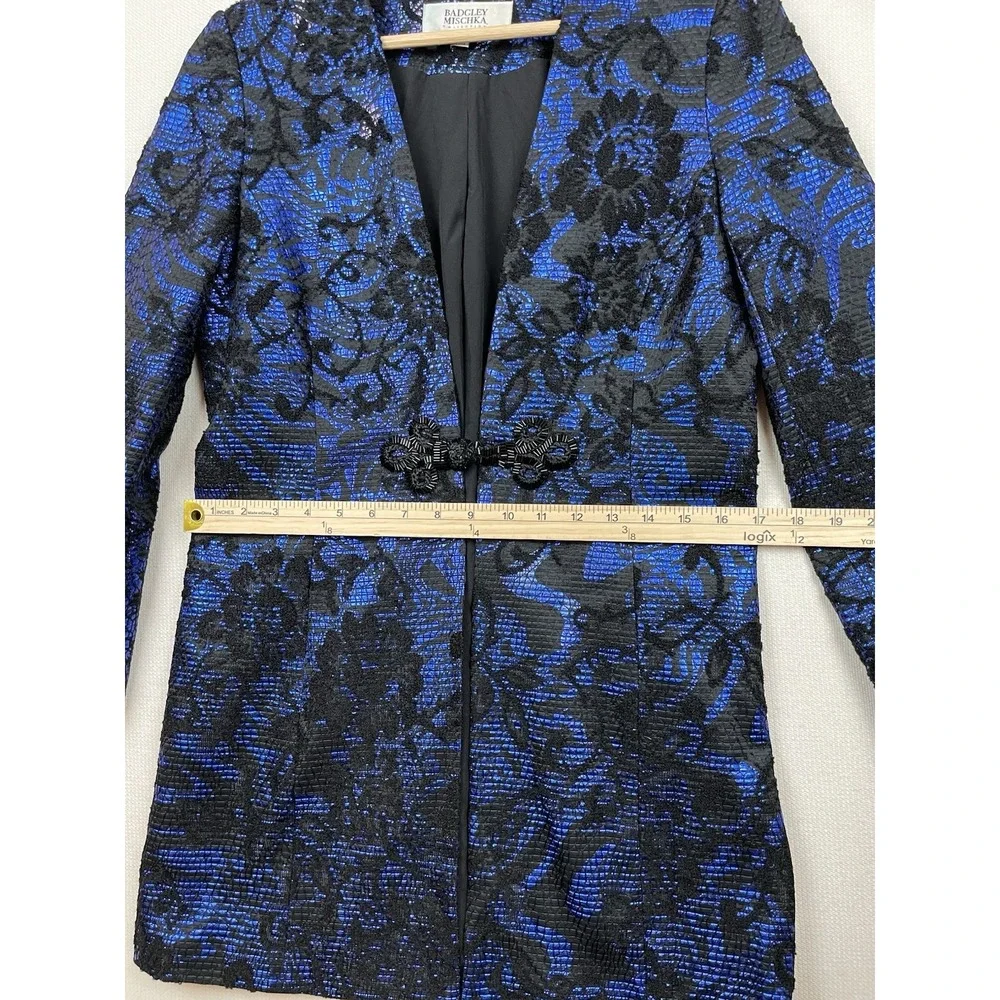 Badgley Mischka Collection Womens Black Blue Brocade Suit Jacket Small Old Money